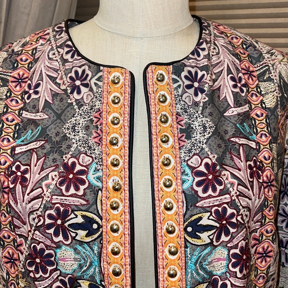 Beautiful Open Front Printed Studded Embroidered Jacket - Picture 2 of 11